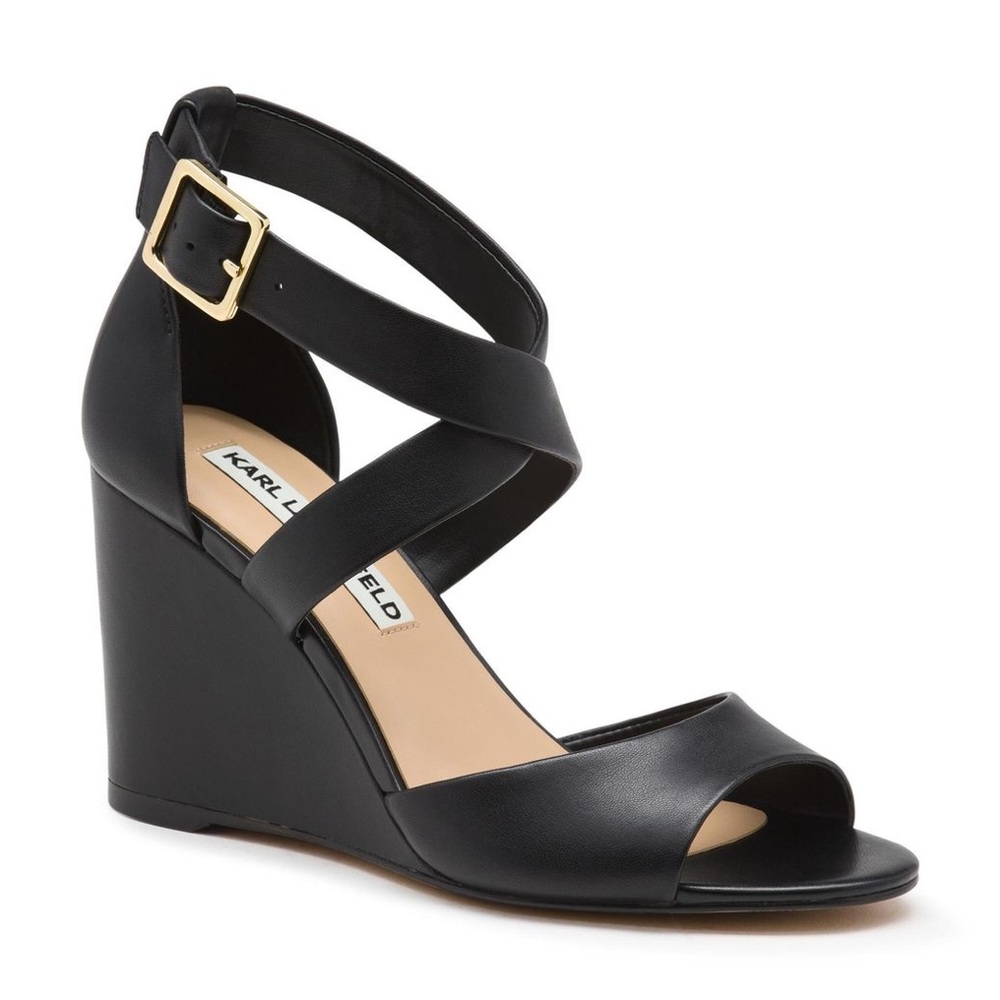 Black Leather Wedge Sandal Karl Lagerfeld Paris